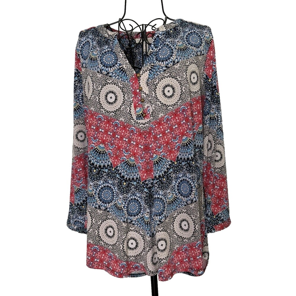 Dana Buchman Henley Top Red Blue Paisley Shirt 3/4 Sleeve Boho Blouse Large